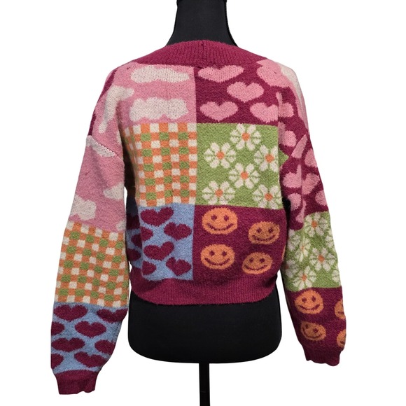 Debut Cardigan Sweater Patchwork Hearts Smiley Faces Knit Colorful Womens size S - Picture 6 of 6